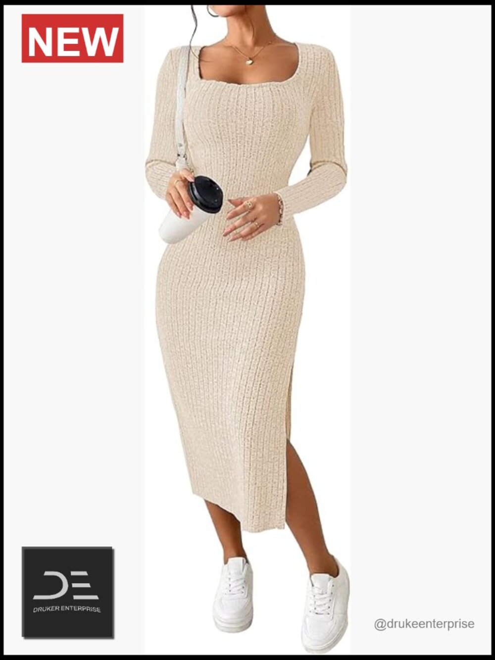 Long Sleeve Square Neck Knitted Bodycon Midi Dress with Slit